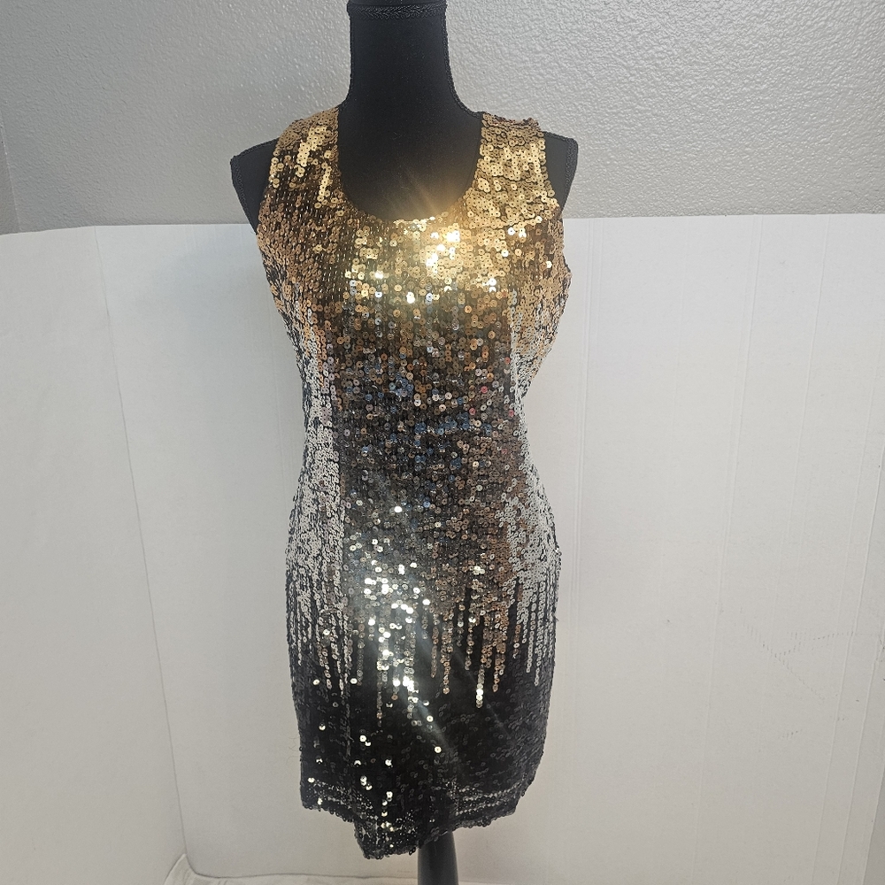 J GEE BLACK AND GOLD SEQUIN COCKTAIL DRESS SLEEVELESS BODYCON FIT SZ MED ELEGANT